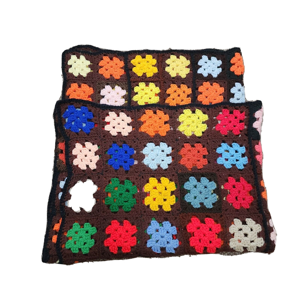 Vtg Crochet 4 x 3 ft Afghan Blanket lap Throw Granny Squares Brown 70s 80s